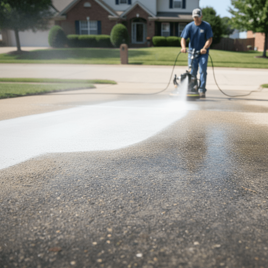 Technician pressure washing driveway, revealing a bright, clean surface against a dirty, soiled section.