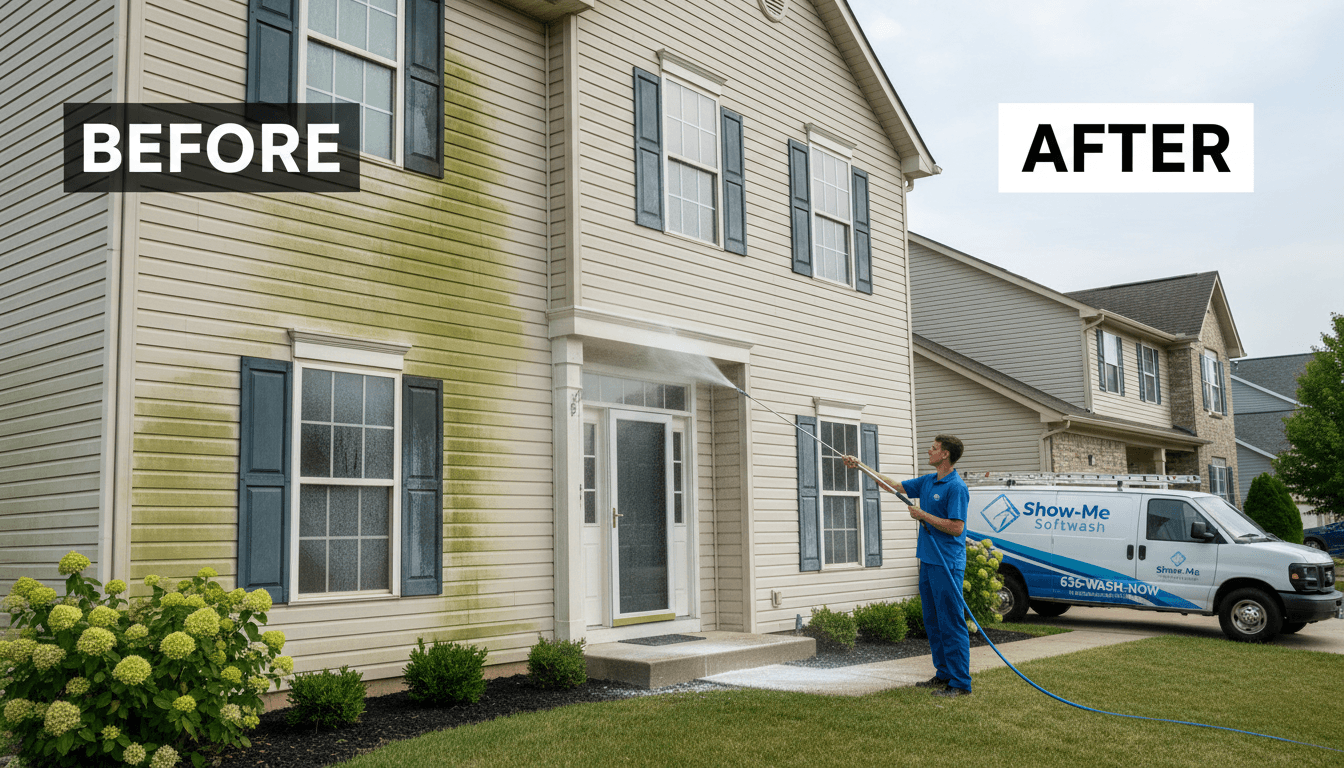 Technician performing exterior cleaning on a bright, pristine home in Missouri.