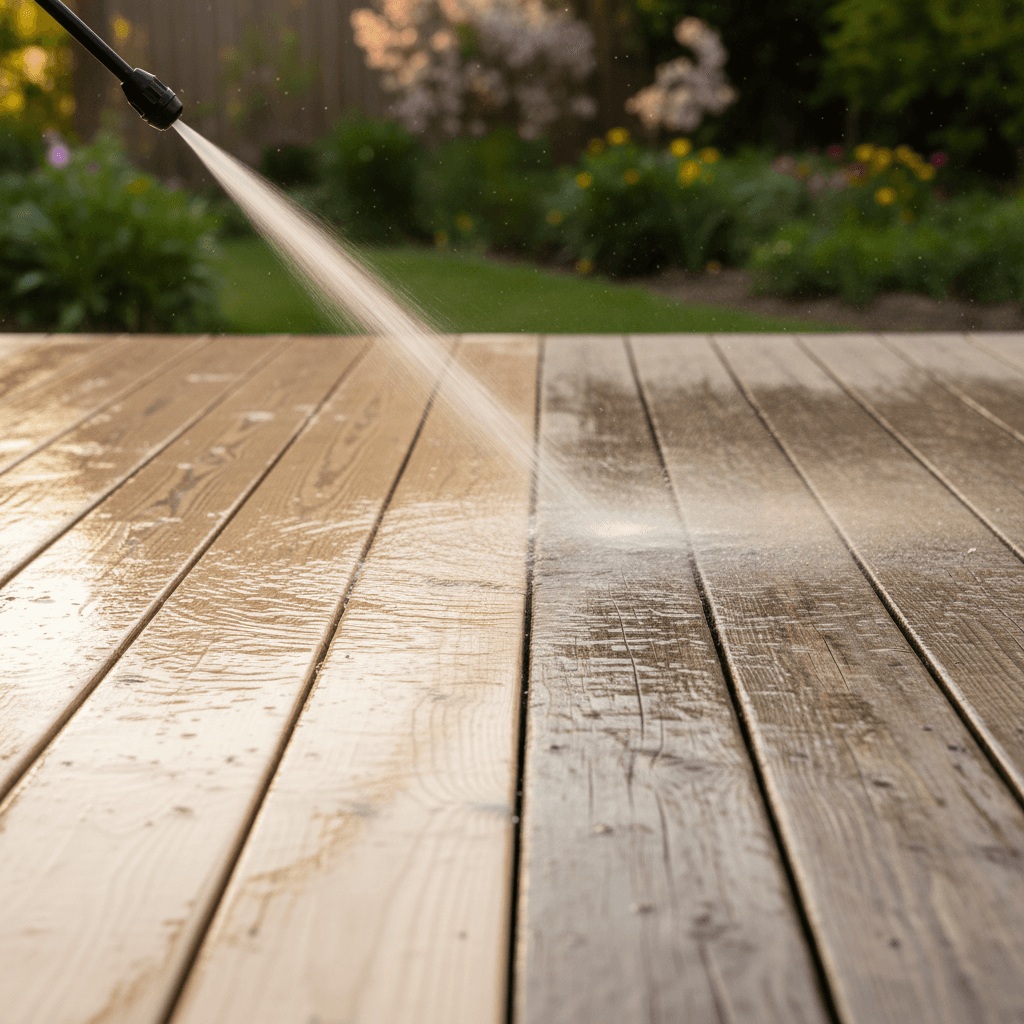 Softwash cleaning wooden deck to restore appearance