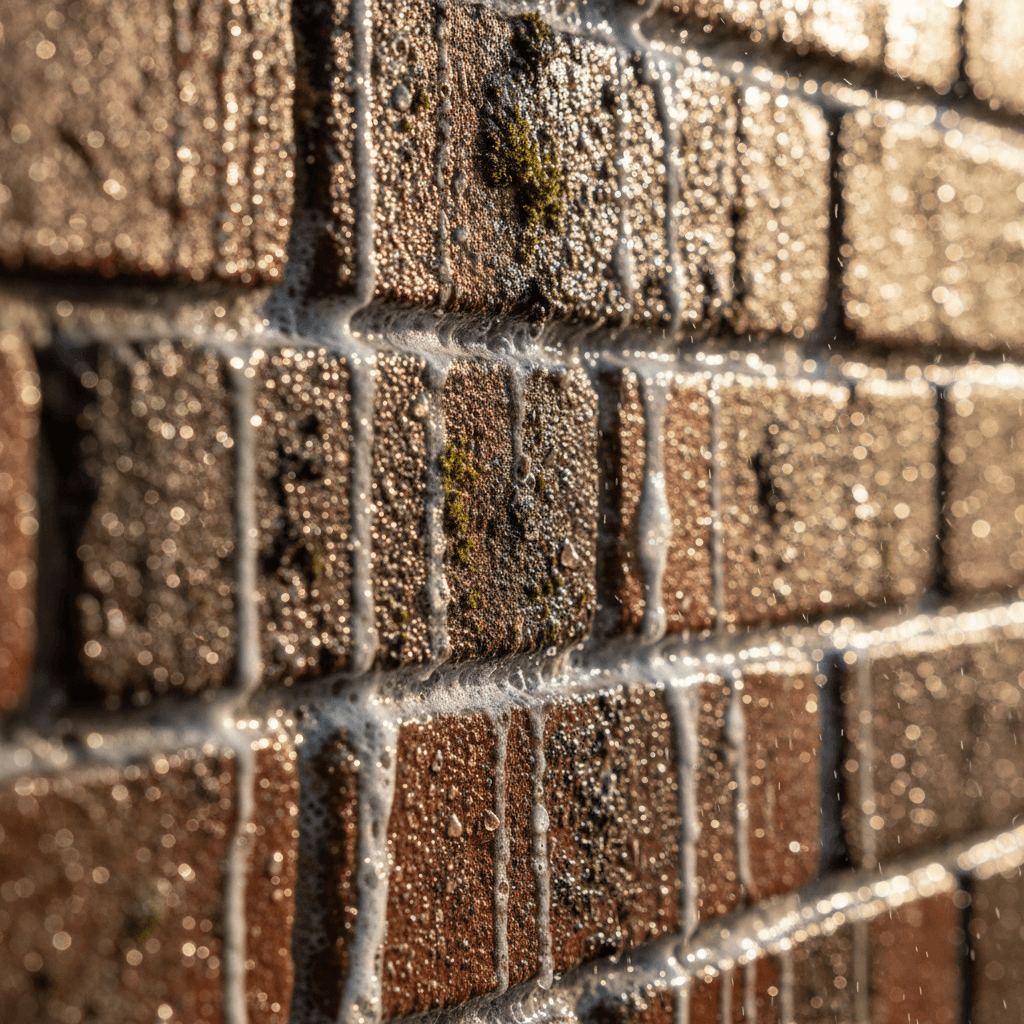 Homeowner inspecting freshly cleaned exterior wall
