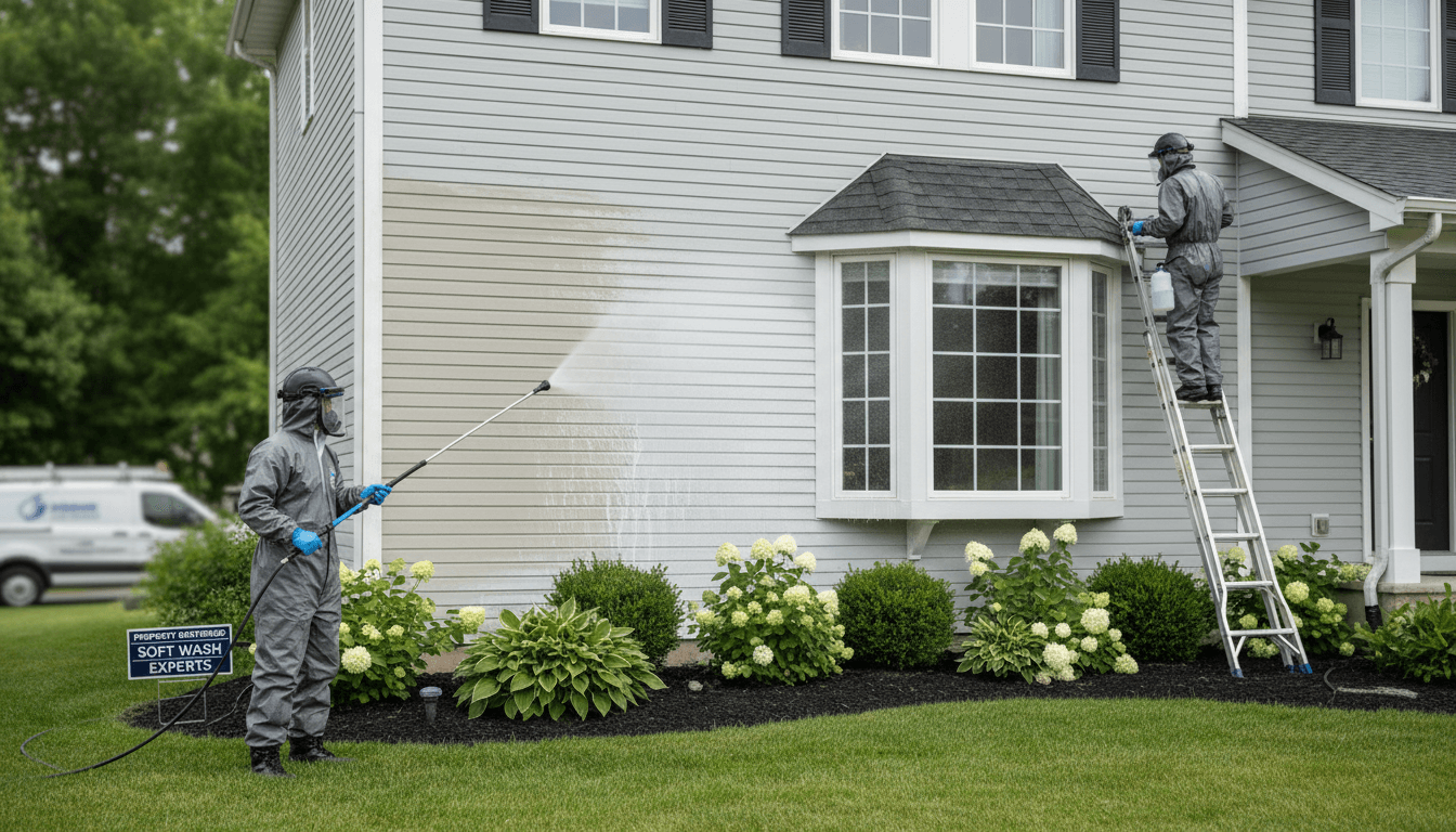 Professional softwashing a residential home exterior in O'Fallon
