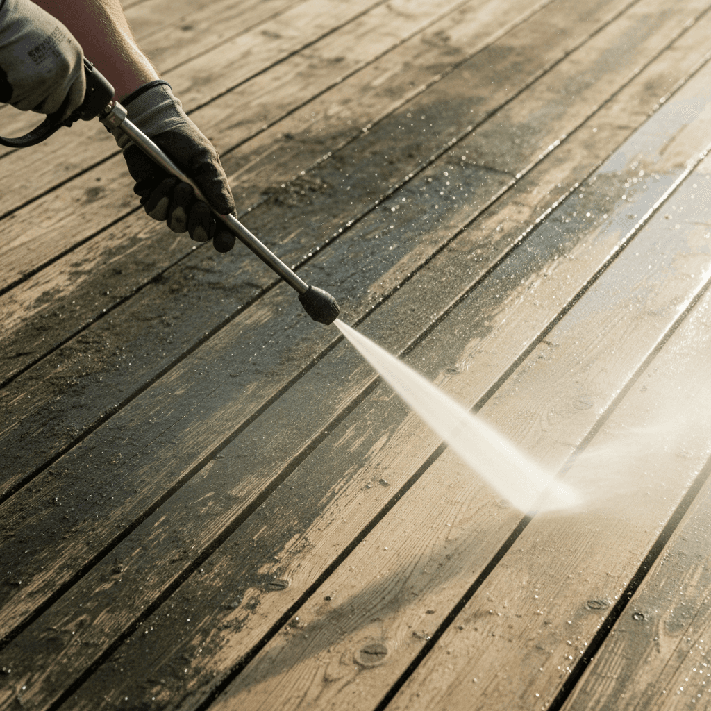 Rick Bertillo pressure washing a residential deck with professional technique