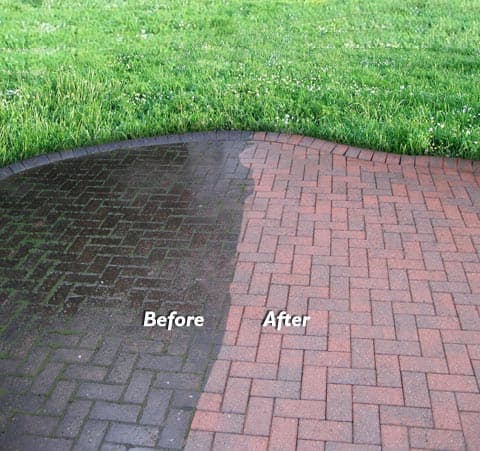Comparison of a dirty, mossy brick patio before and after being power washed clean.