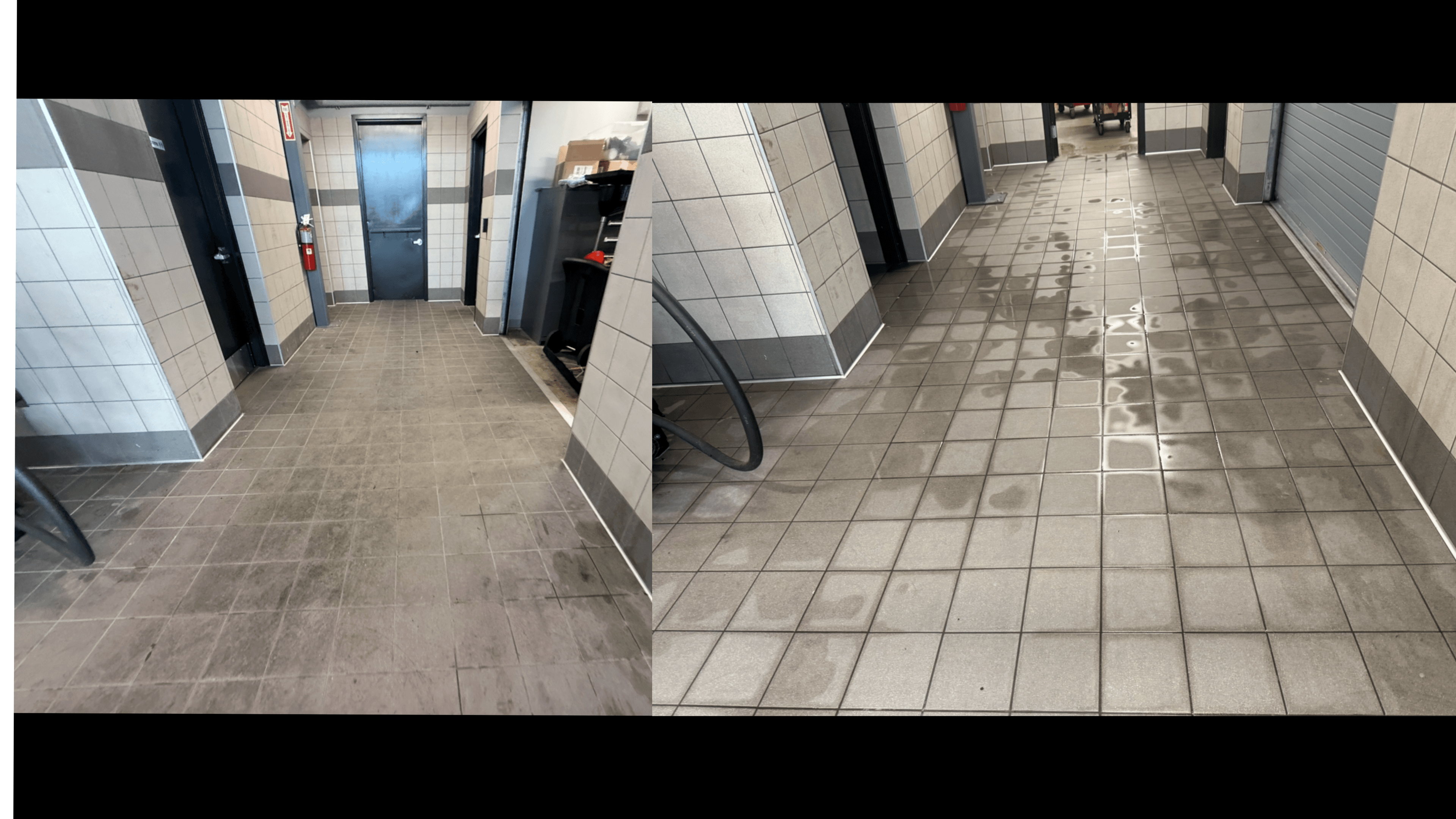 Side-by-side comparison of a dirty tiled hallway floor and a freshly mopped, wet floor.